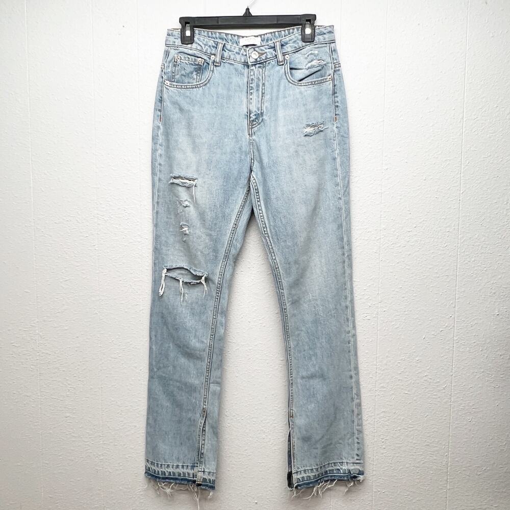 Zara Woman Denim High Rise Distressed Jeans Womens 6 Cotton Light Wash Raw Hem